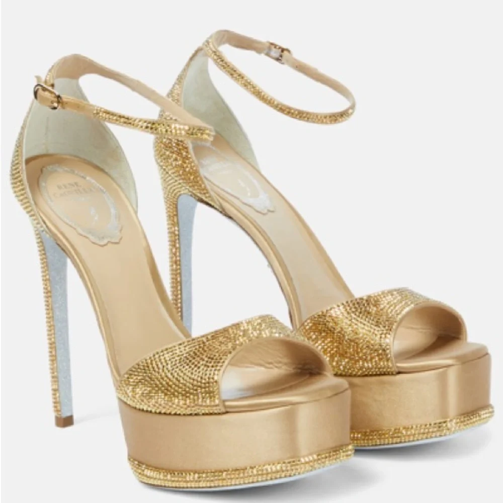 Rene Caovilla - Crystal Gold Platform Heels - New - 38 US - Picture 7 of 16